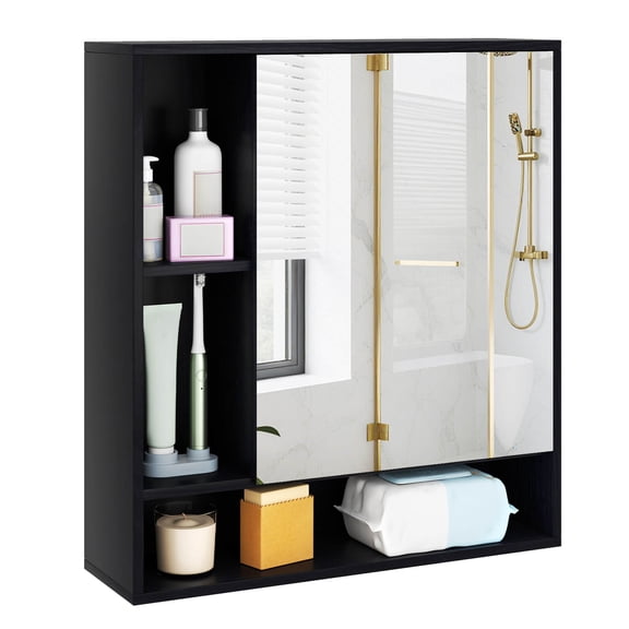 Costway Bathroom Wall Cabinet with Mirror, Single Door, 3 Open Shelves & Adjustable Shelf Black