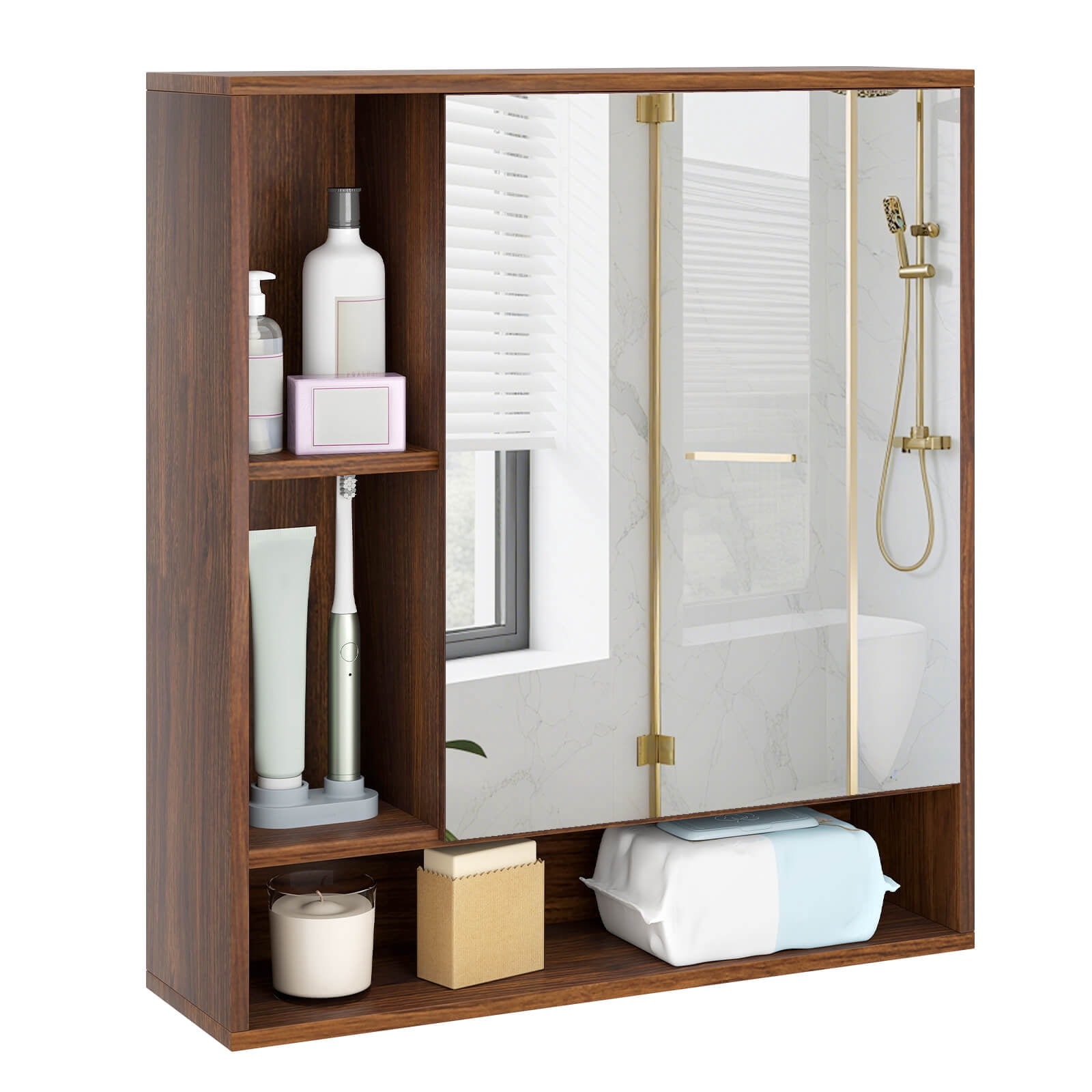 Costway Bathroom Wall Cabinet with Mirror, Single Door, 3 Open Shelves & Adjustable Shelf Walnut