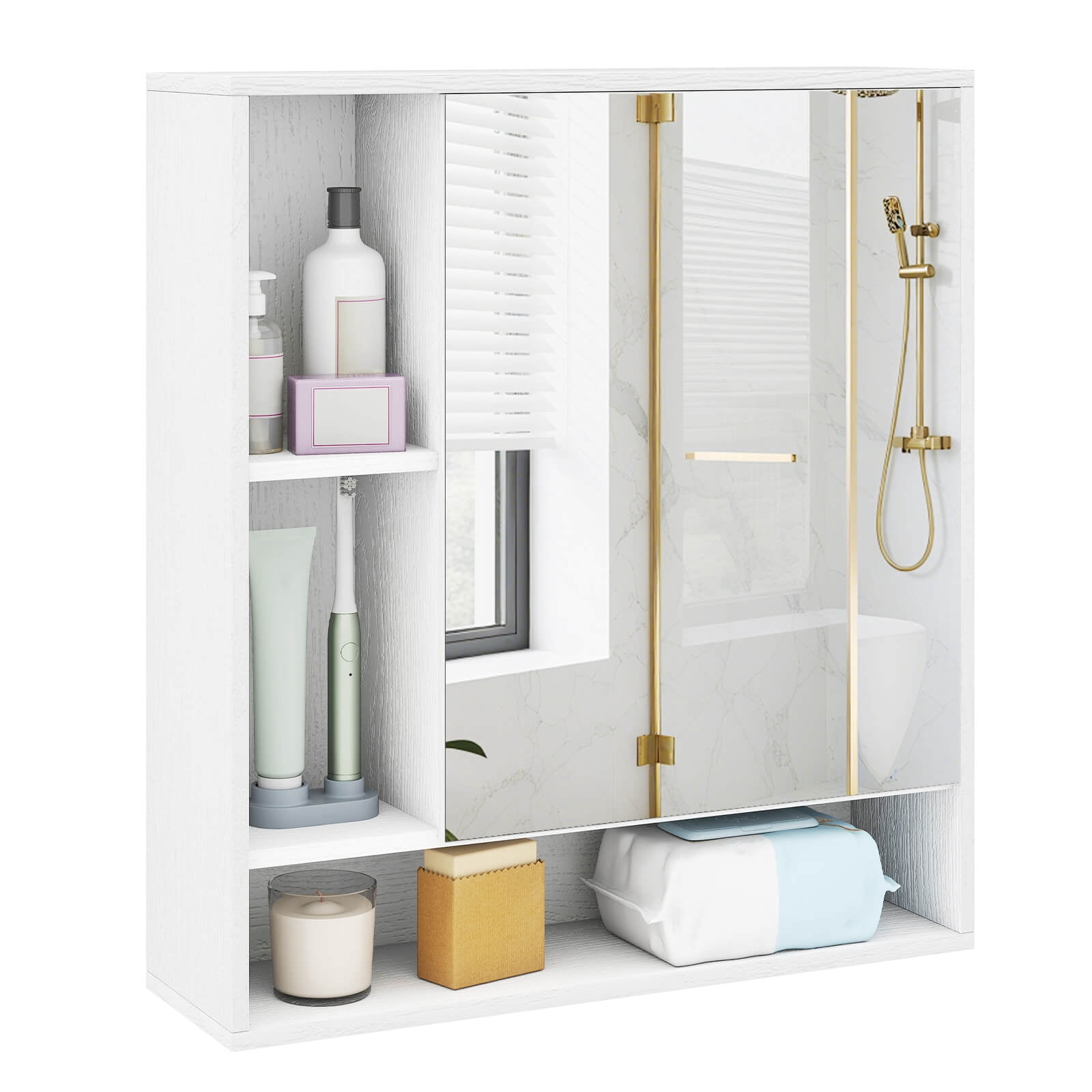 Costway Bathroom Wall Cabinet with Mirror, Single Door, 3 Open Shelves & Adjustable Shelf White
