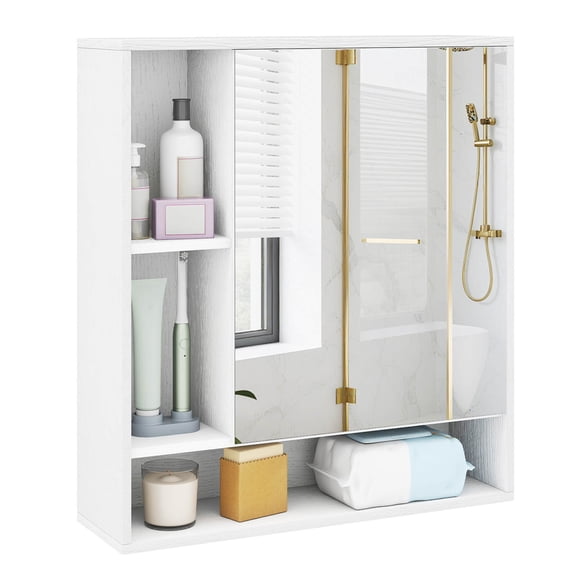 Costway Bathroom Wall Cabinet with Mirror, Single Door, 3 Open Shelves & Adjustable Shelf White