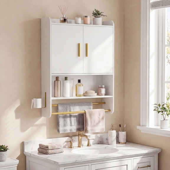 Costway Bathroom Wall Cabinet with Towel Bars & Toilet Paper Holder for Laundry Room White