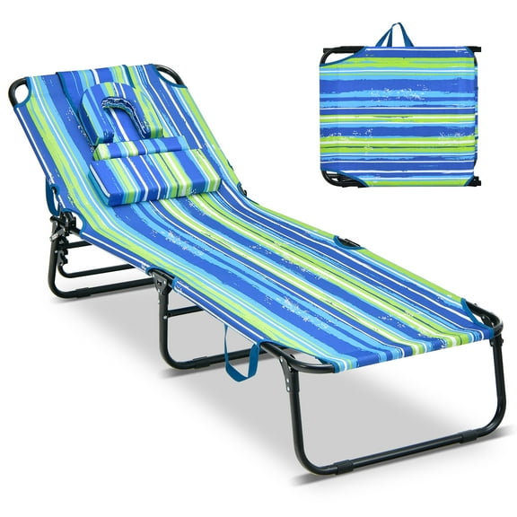 Costway Beach Chaise Lounge Chair with Face Hole Pillows & 5-Position Adjustable Backrest Blue & Green