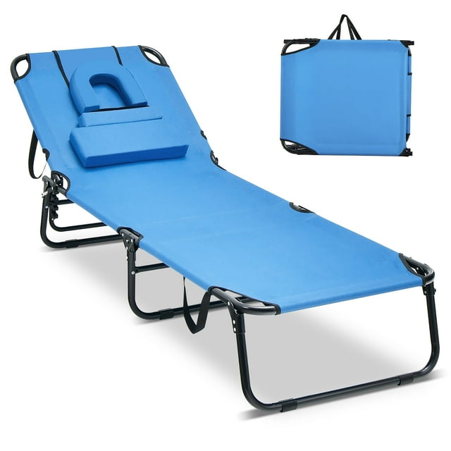 Costway Beach Chaise Lounge Chair with Face Hole Pillows & 5-Position Adjustable Backrest Blue