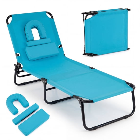 Costway Beach Chaise Lounge Chair with Face Hole Pillows & 4-Position Adjustable Backrest Turquoise