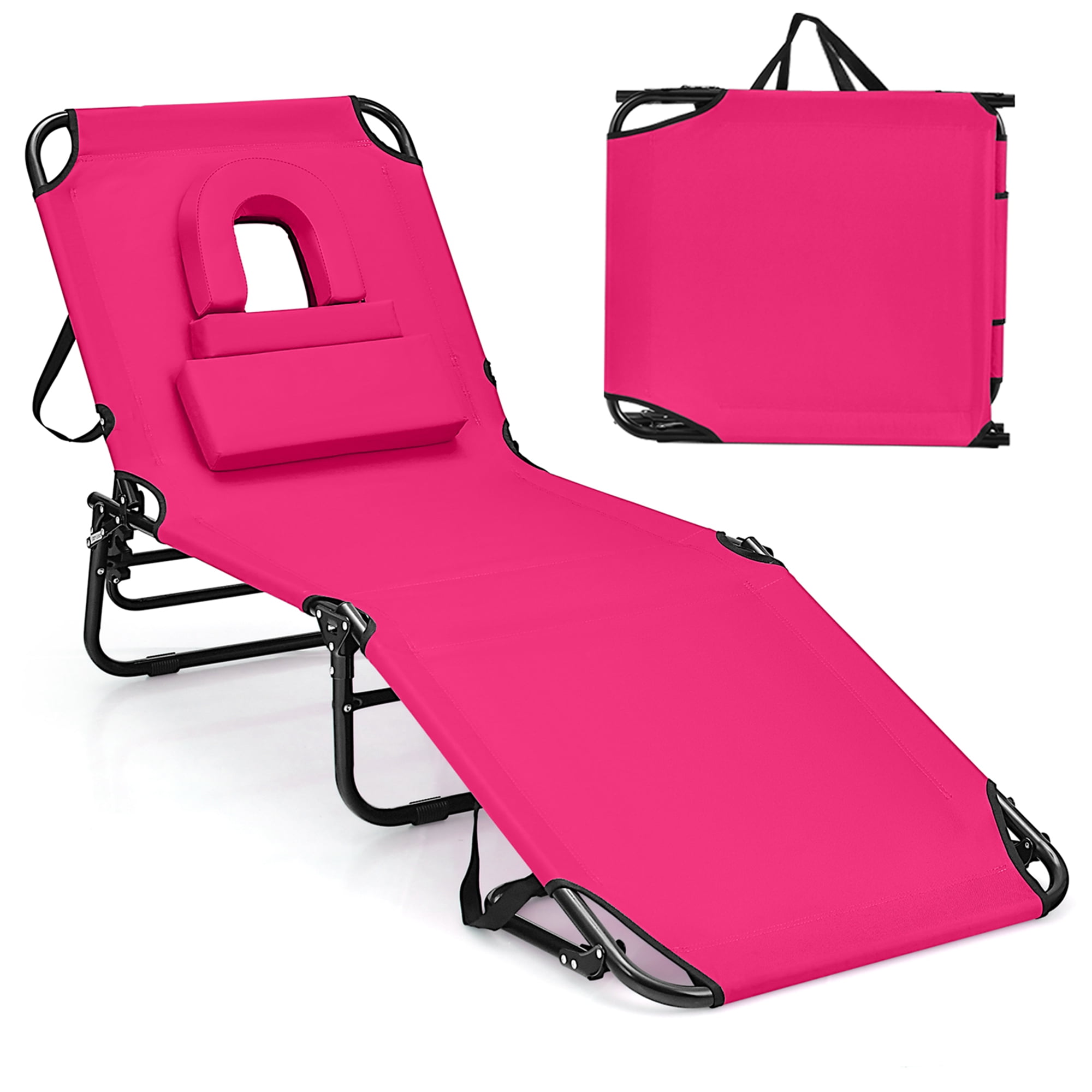 Costway Beach Chaise Lounge Chair with Face Hole Pillows & 5Position