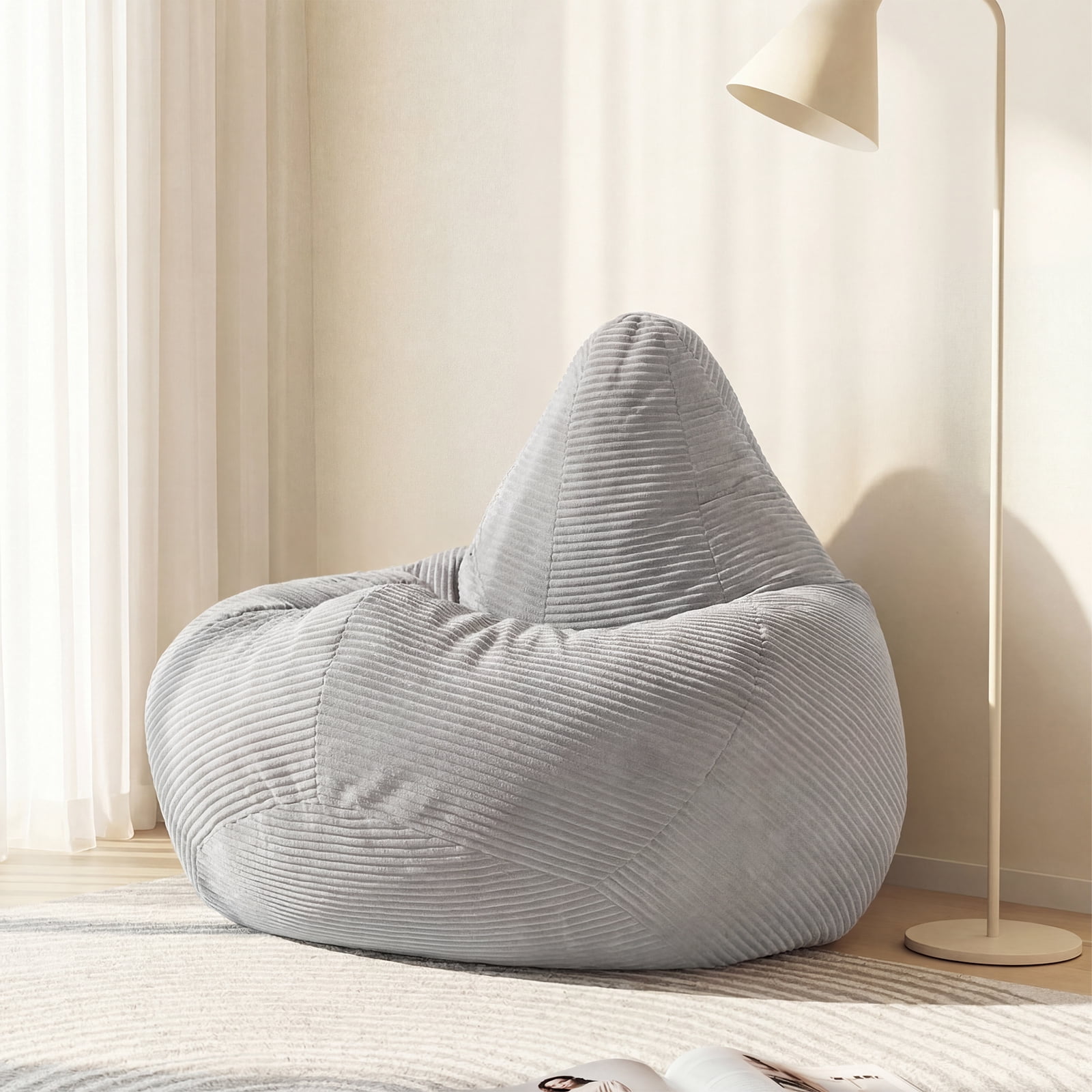 Costway Bean Bag Chair for Adults with Skin-friendly Corduroy Cover & Soft Sponge Filling Light Gray