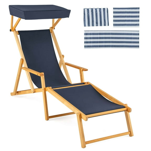 Costway Birch Wood Chaise Lounge Chair with Adjustable Canopy Reclining Backrest & Footrest Navy