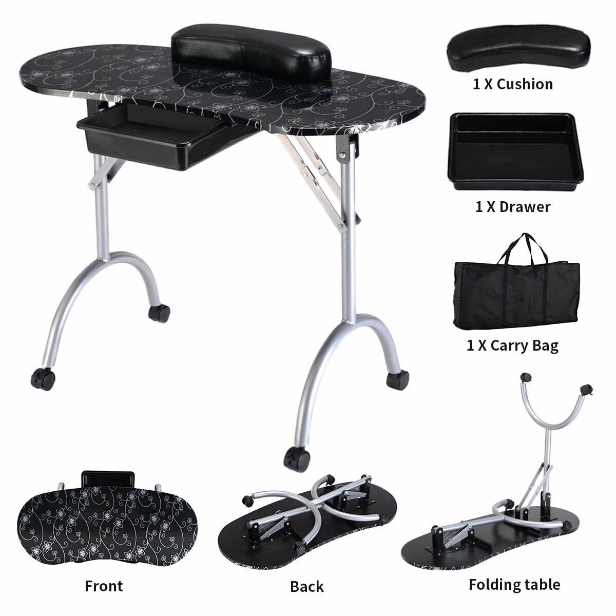 Costway Black Manicure Nail Table Portable Station Desk Spa Beauty Salon Equipment