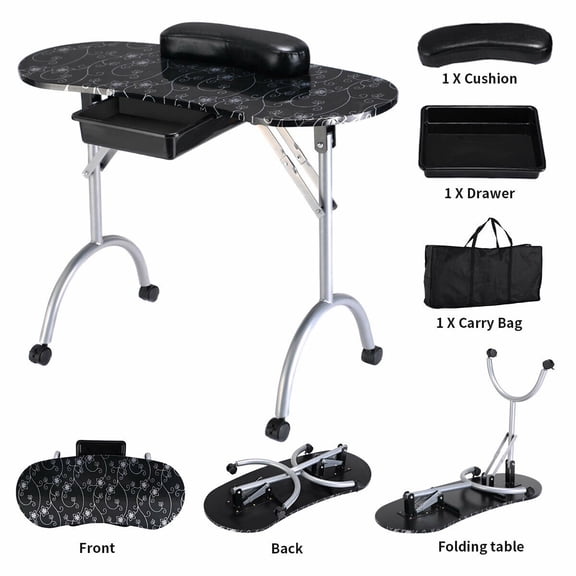 Costway Black Manicure Nail Table Portable Station Desk Spa Beauty Salon Equipment