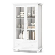 Costway Bookcase Cabinet Storage Bookshelf Organizer Tempered Glass Doors Shelf Drawer White