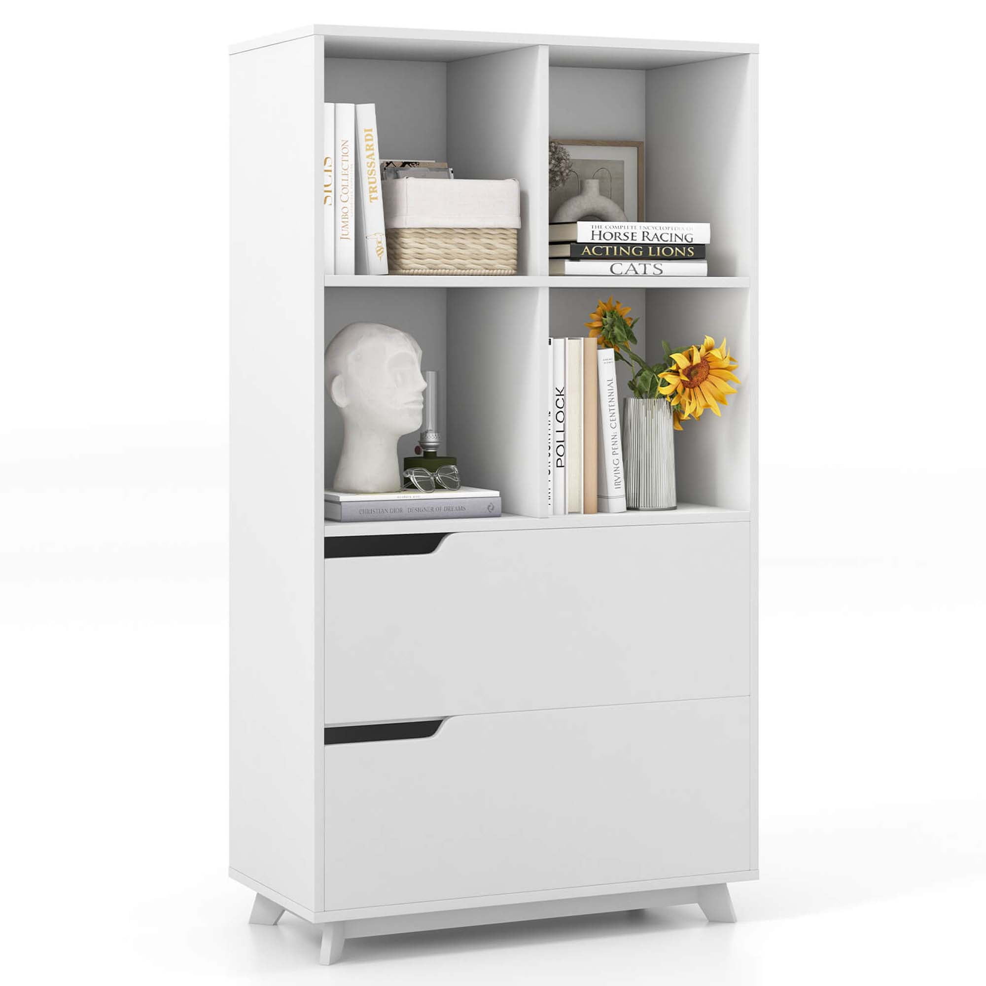 Costway Bookcase with 2 Drawers 4-Tier Open Bookshelf with 4 Storage Cubes for Home Office