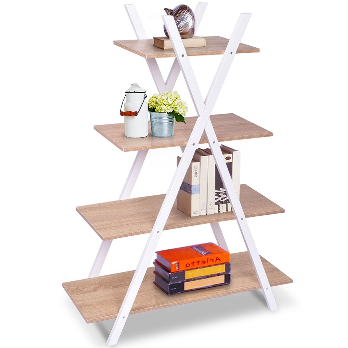 Modern X-Shape 4-Tier Ladder Bookshelf for Toys and Books - Black Wood
