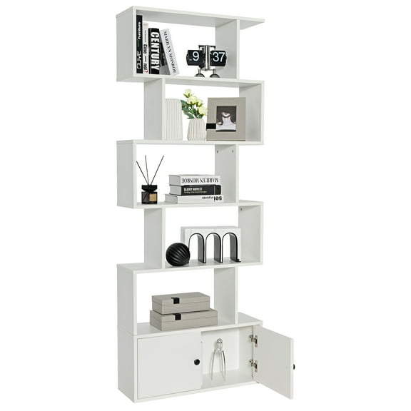 Costway Bookshelf with Cabinet 6-Tier S-Shaped Bookcase Storage Rack White