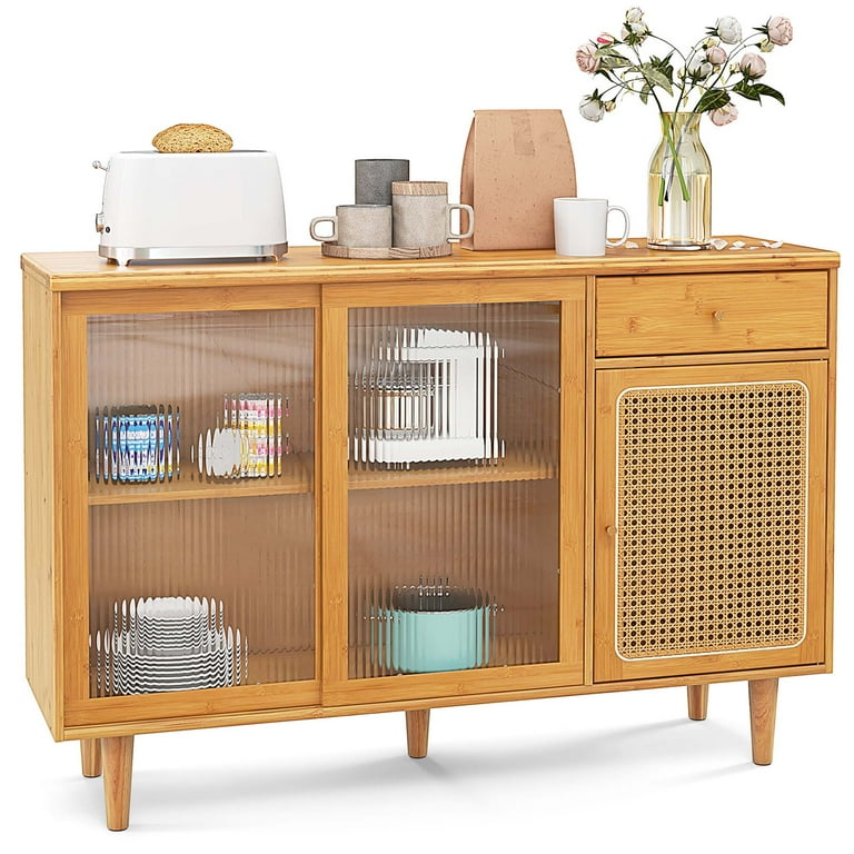 Costway Buffet Sideboard Cabinet Rattan Console Table with Sliding Doors Storage Drawer