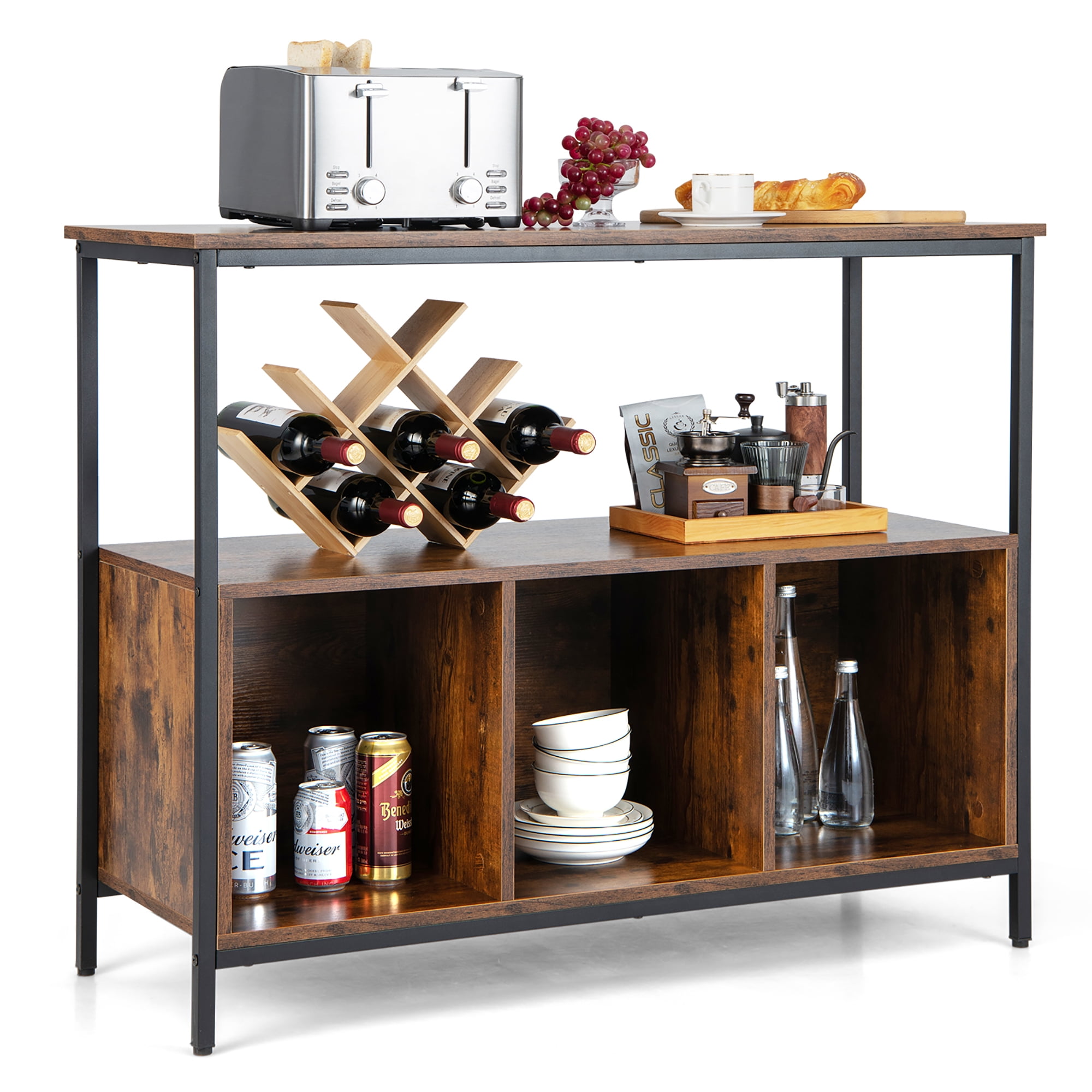 Rustic Brown Engineered Wood and Steel Kitchen Sideboard with Open Shelf