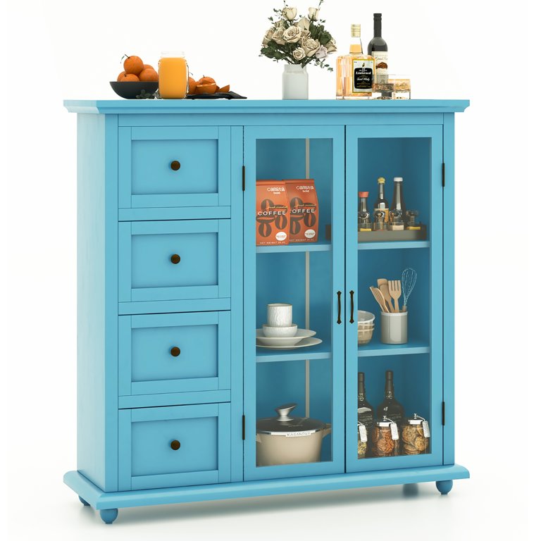 Costway Dining Server - Blue Buffet Sideboard Table with Shelves