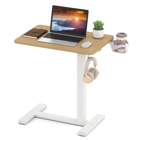 Costway C Shaped Side Table Height Adjustable Overbed Bedside Table with Hook & Cup Holder Natural