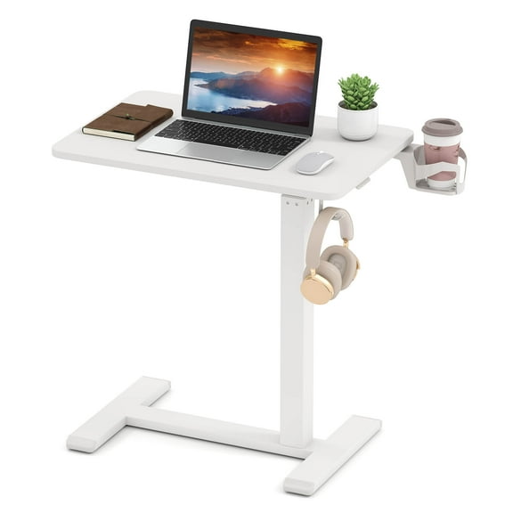 Costway C Shaped Side Table Height Adjustable Overbed Bedside Table with Hook & Cup Holder White