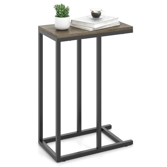 Costway C-shaped Side Table Industrial Sofa Table with Heavy-duty Metal Frame Gray