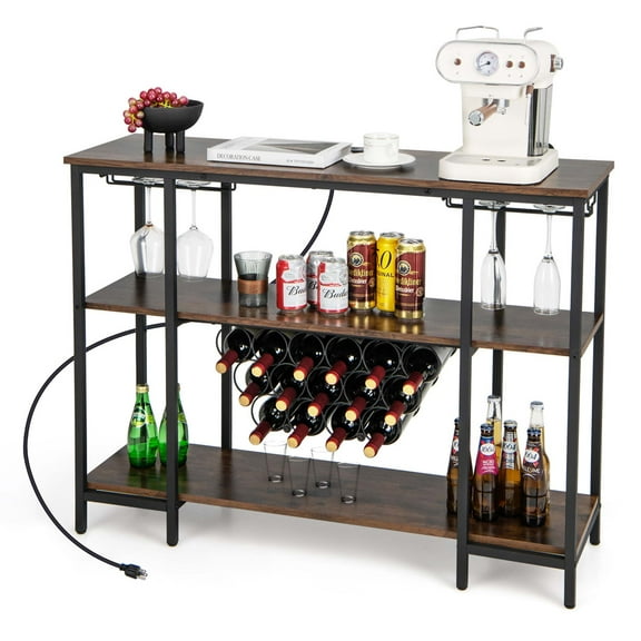 Costway  Cabinet Bar Table  Rack Table for Drinks Glasses with Power Outlets Brown
