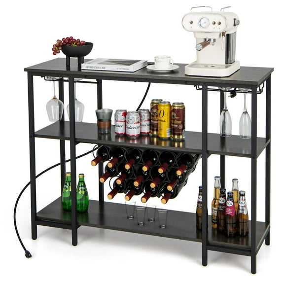 Costway  Cabinet Bar Table Rack Table for Drinks Glasses with Power Outlets Grey