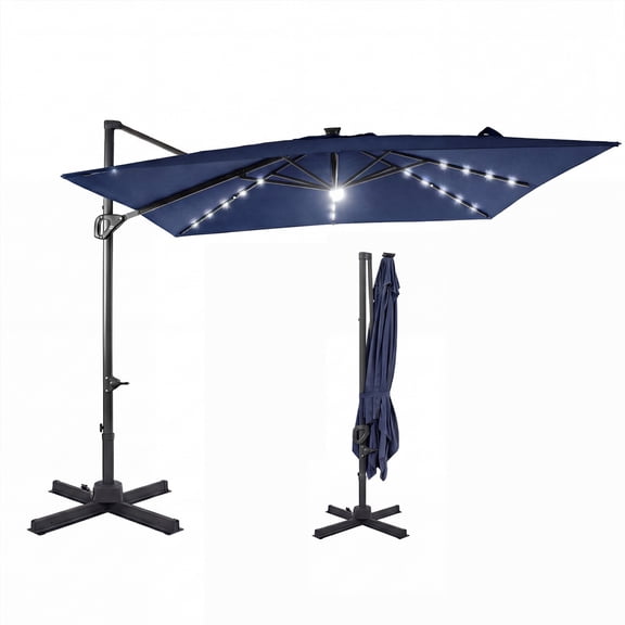 Costway Cantilever Patio Umbrella with Solar LED Lights, Square Offset Hanging Umbrella Navy Blue