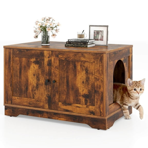 Costway Cat Litter Box Enclosure Furniture with Double Doors Divider Side Entry for Cats Brown