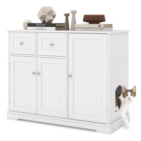 Costway Cat Litter Box Enclosure with 2 Drawers 3 Doors Anti-Toppling Devices Storage