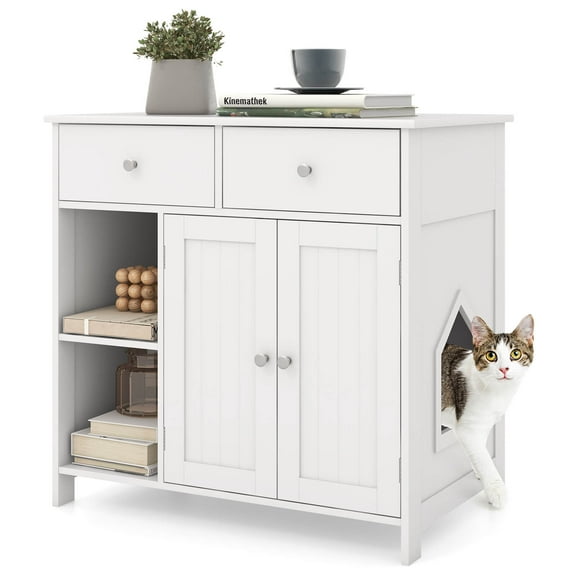 Costway Cat Litter Box Enclosure with 2 Drawers Double Doors Open Shelves Modern Indoor
