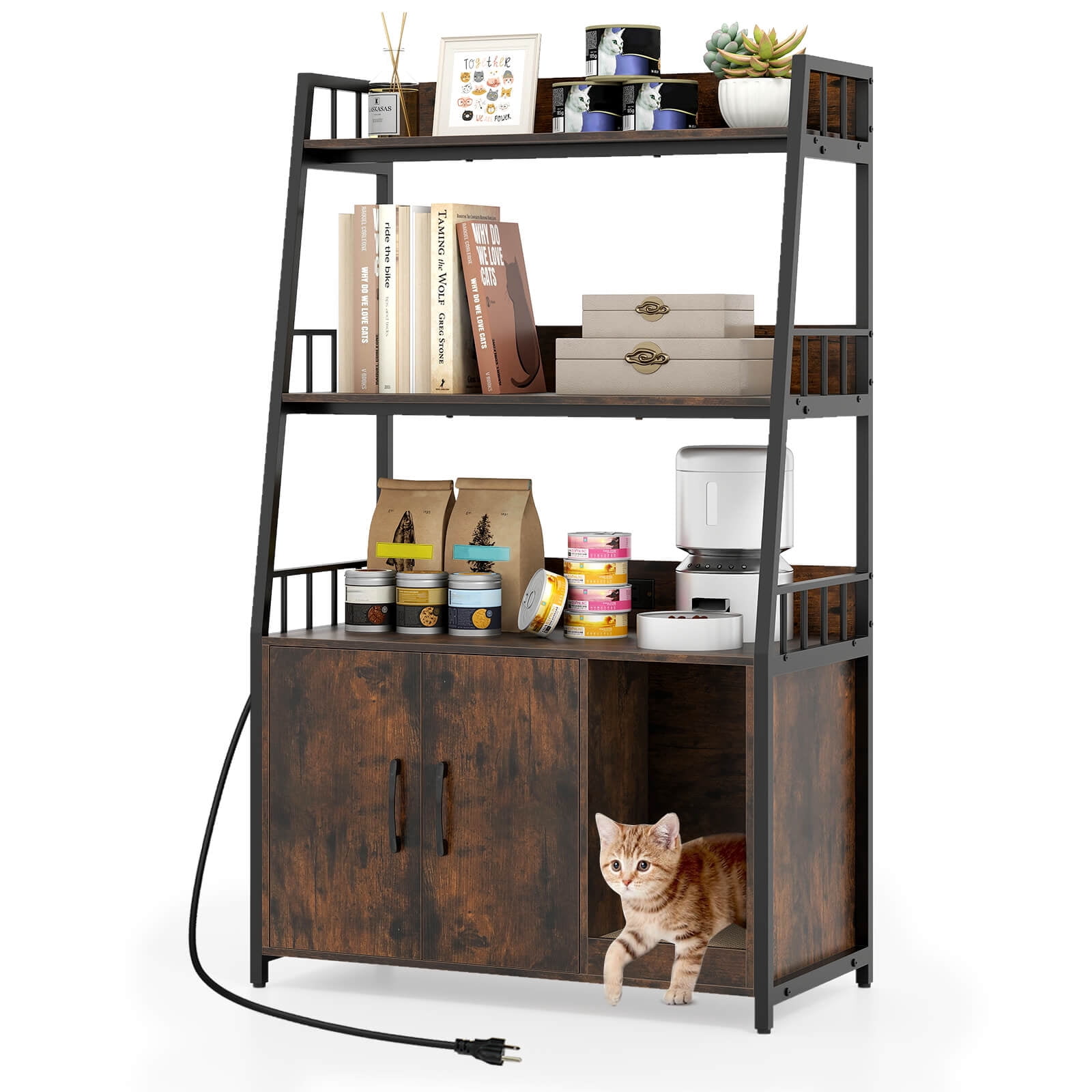 Costway Cat Litter Box Enclosure with Storage Shelves Scratching Pad Charging Station Coffee