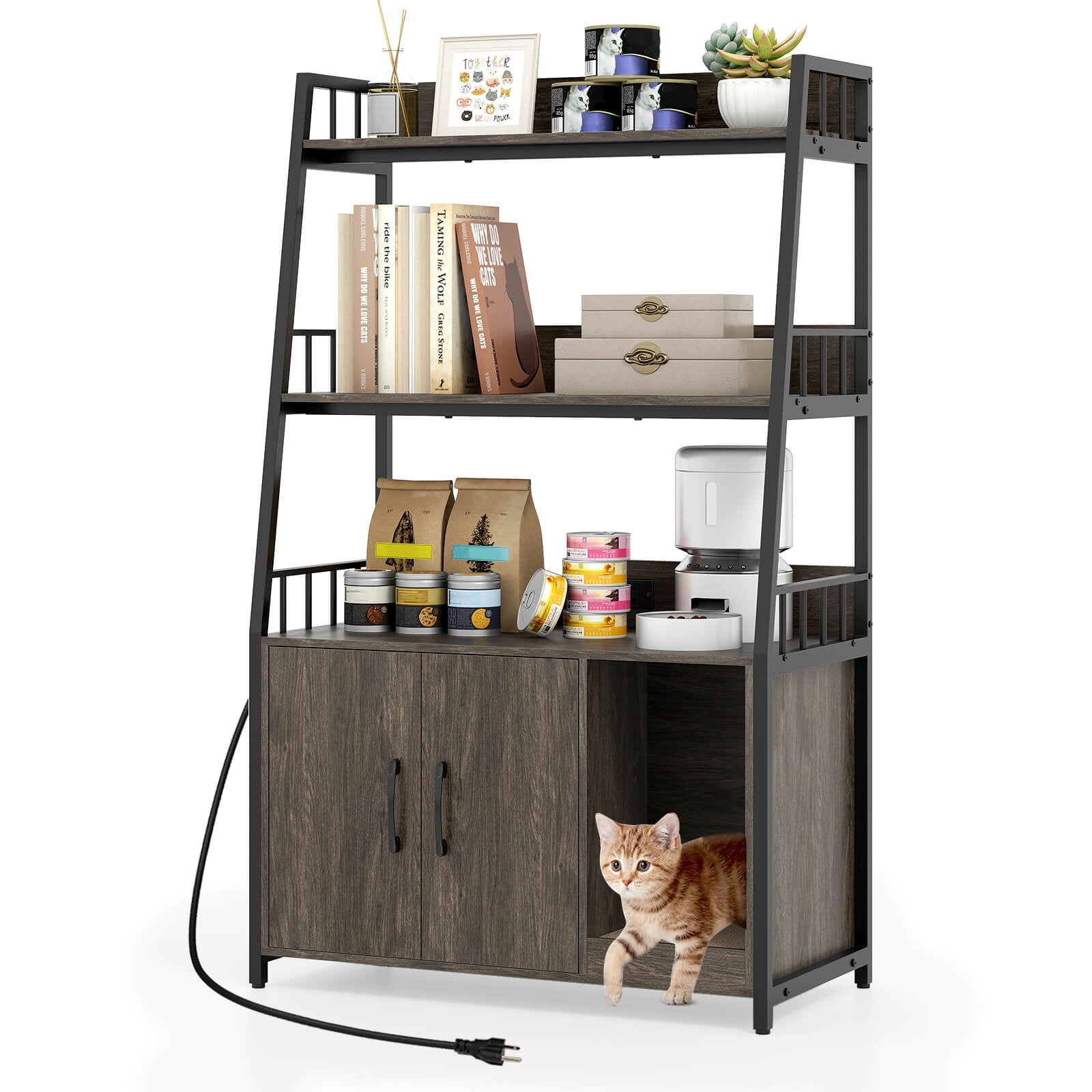 Costway Cat Litter Box Enclosure with Storage Shelves with Scratching Pad, Charging Station