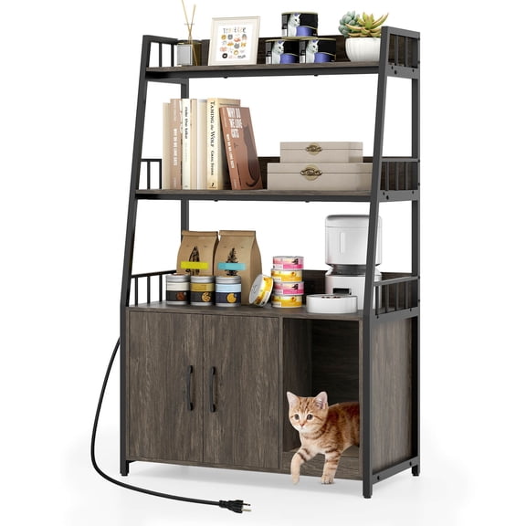 Costway Cat Litter Box Enclosure with Storage Shelves with Scratching Pad, Charging Station