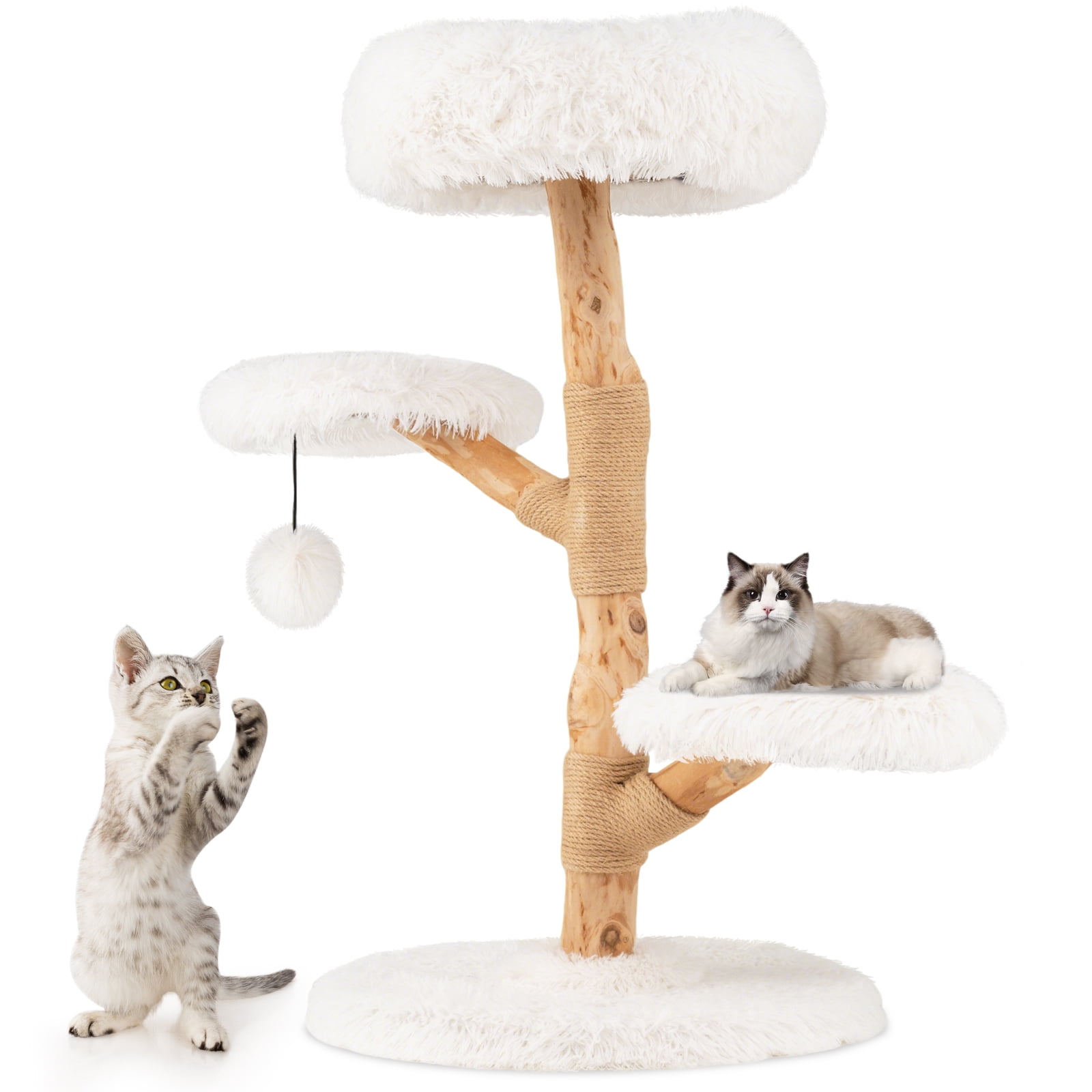 Costway Cat Tree with Perch, Natural Jute Scratching Posts, Dangling Ball, Soft Long Plush Natural & White