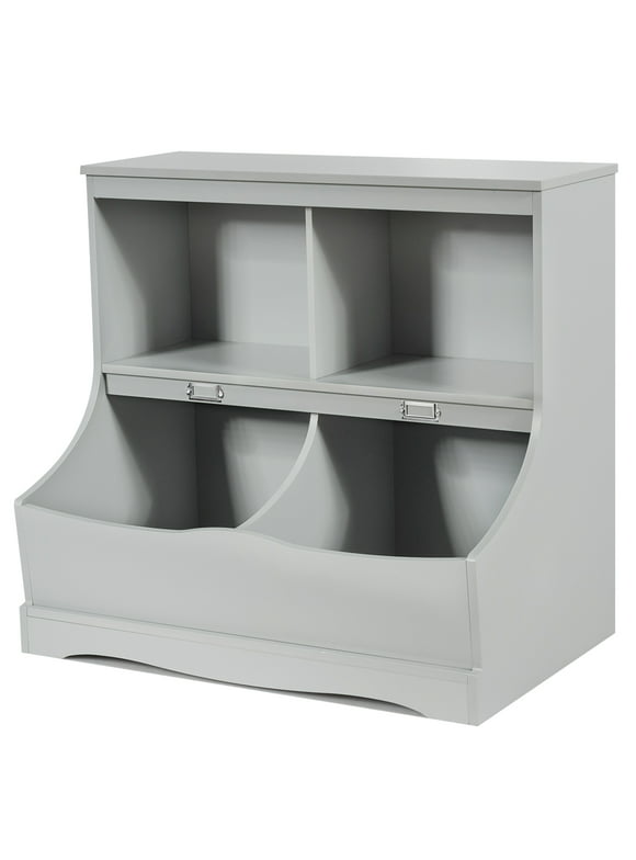 Costway Children's Multi-Functional Bookcase Toy Storage Bin Kids Floor Cabinet Grey