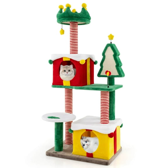 Costway Christmas Cat Tree for Indoor Cats with Sisal Scratching Posts Carpet Plush Perch