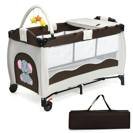 Costway Coffee Baby Crib Playpen Playard Pack Travel Infant Bassinet Bed Foldable