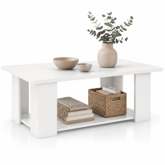 Costway Coffee Table 2-Tier Modern Center Cocktail Table W/Storage Shelf for Living Room White