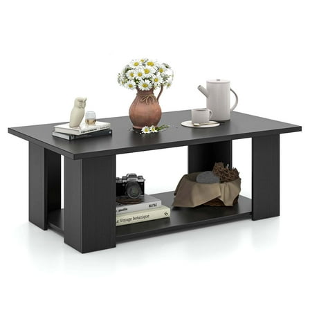 Costway Coffee Table 2-Tier Modern Center Cocktail Table with Storage Shelf for Living Room Black