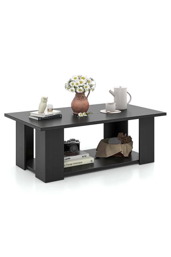 Coffee Table 2-Tier Modern Center Cocktail Table with Storage Shelf for Living Room Black