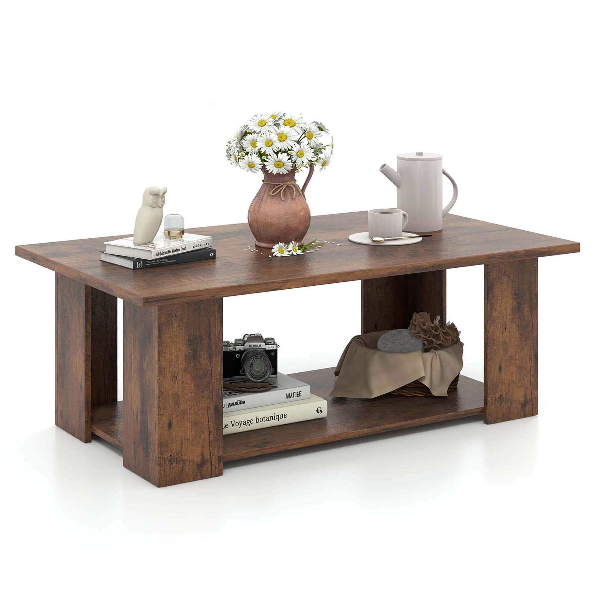 Brown Engineered Wood 2-Tier Coffee Table with Storage Shelf