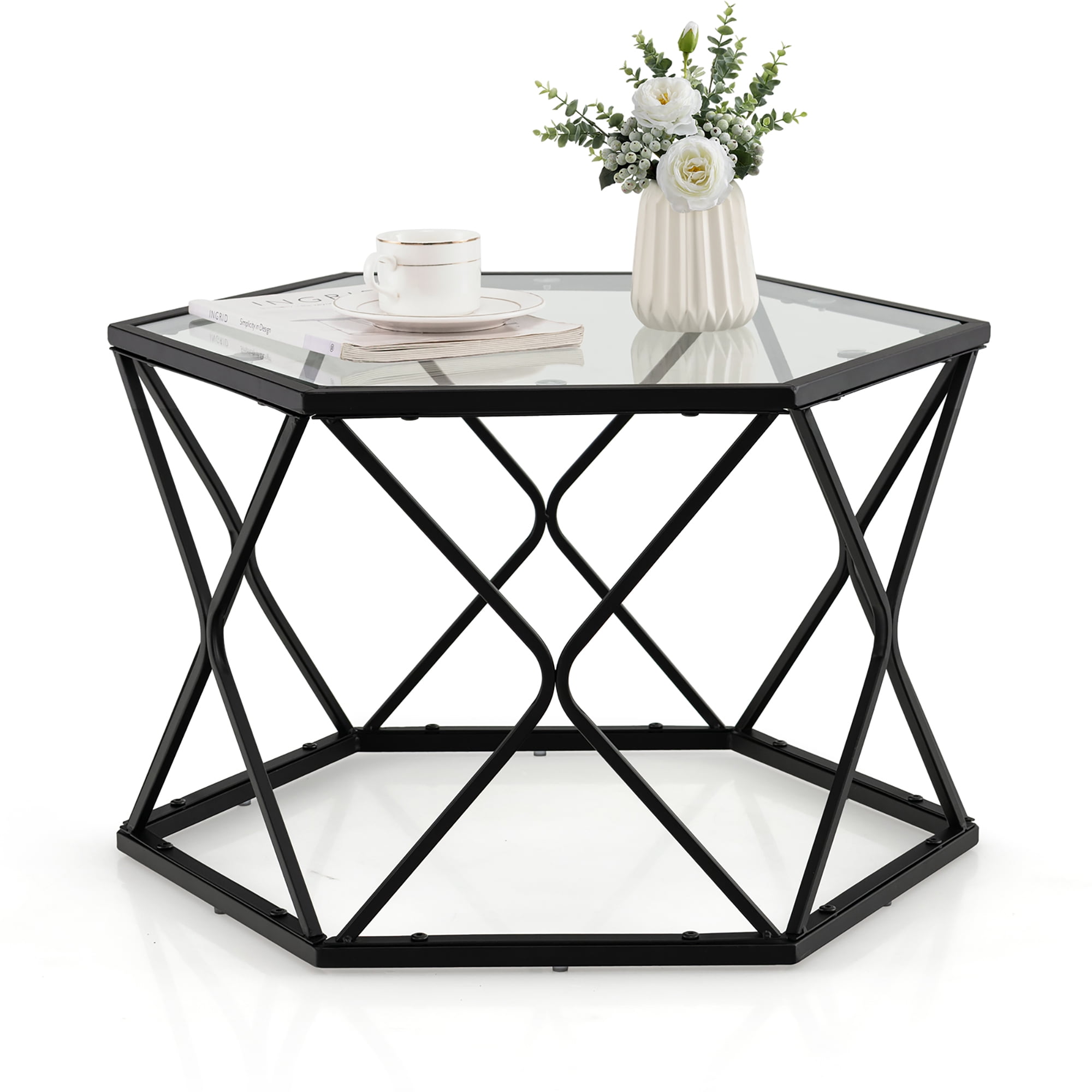 Costway Indoor Storage Hexagon Tempered Glass/Steel Coffee Table, Black