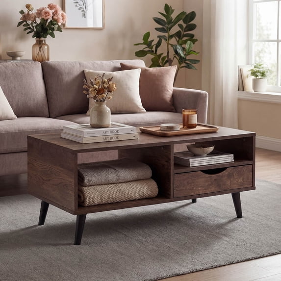 Costway Coffee Table with Storage, Rustic Rectangle Center Table with — free download