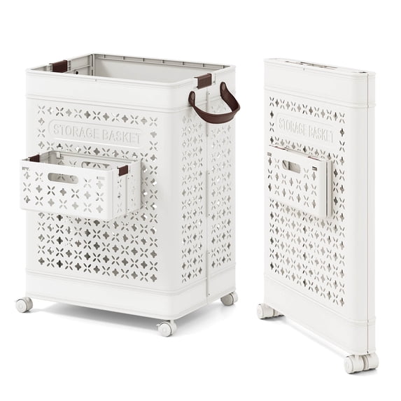 Costway Collapsible Laundry Basket Movable Laundry Cart with Side Basket, Lockable Wheels, White