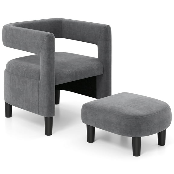 Costway Comfy Accent Armchair with Footrest Upholstered Velvet Barrel Chair & Ottoman Set Grey
