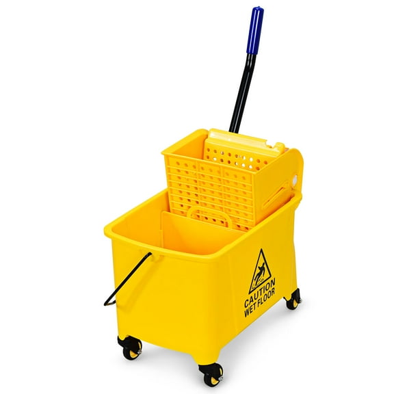 Costway Commercial Mop Bucket Side Press Wringer on Wheels 21 Quart Yellow w/ Panel