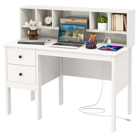 Costway Computer Desk 48" Writing Table w/ Power Outlets 5-Cubby Hutch 2 Storage Drawers - White