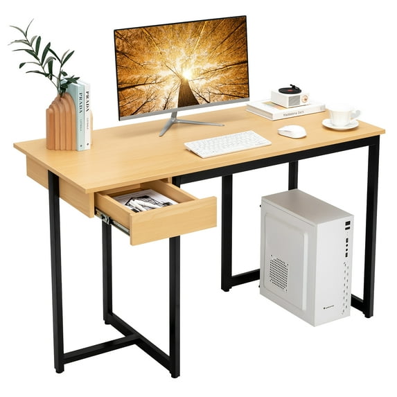 Costway Computer Desk Home Office Gaming Table Workstation Metal Frame with Drawer Natural