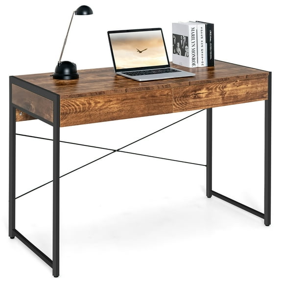 Costway Computer Desk Metal Frame Study Table Home Office Workstation w/2 Drawers Rustic