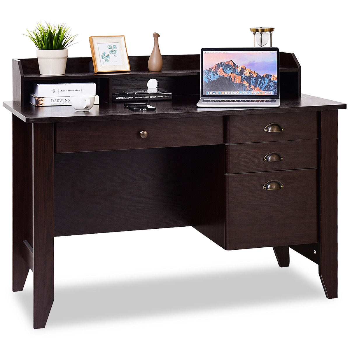 Costway Computer Desk for Home Office, Bedroom with Drawers, Easy Work Area for Adults, Storage, Brown