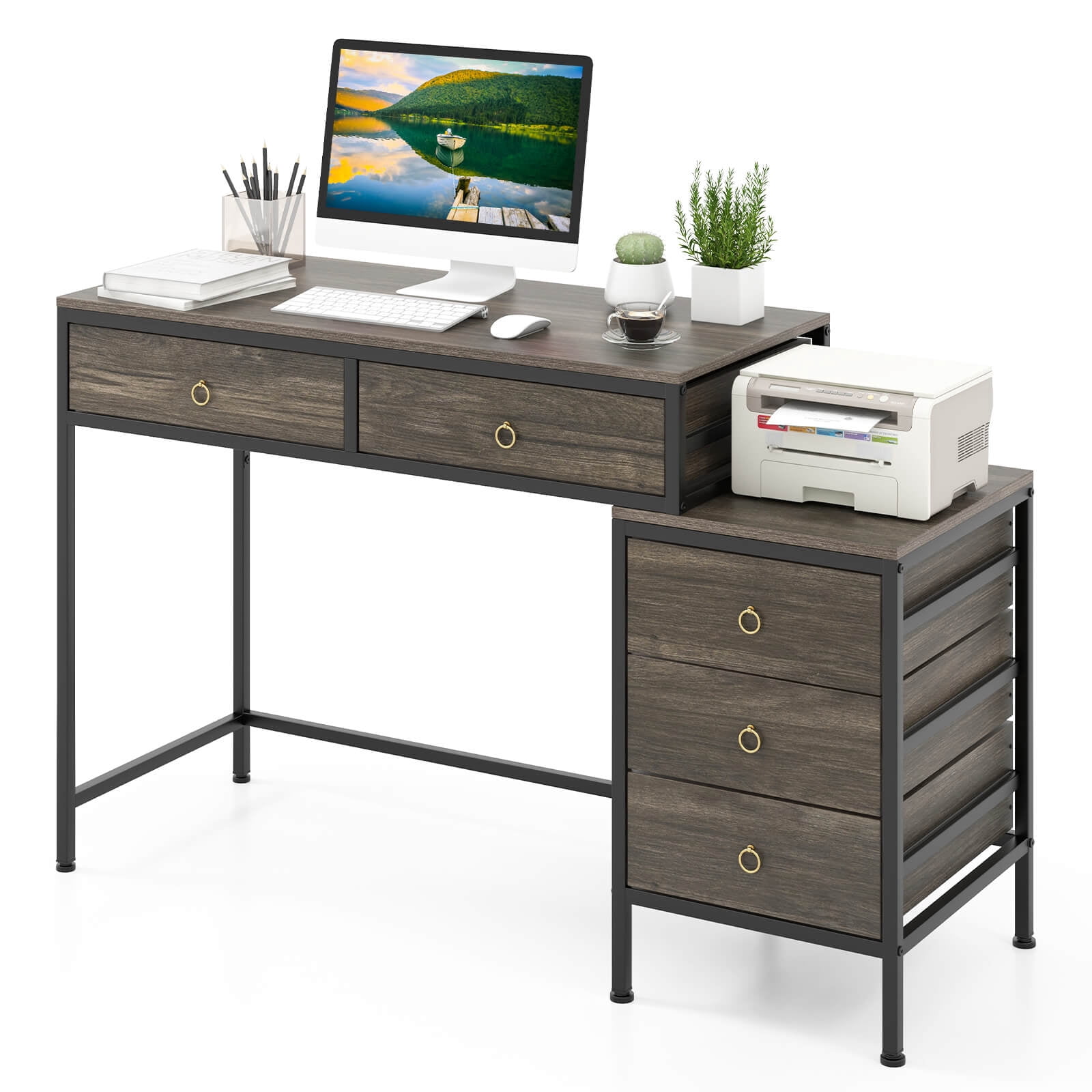 Costway Computer Desk with 5 Drawers, Side File Cabinet, Heavy-duty ...